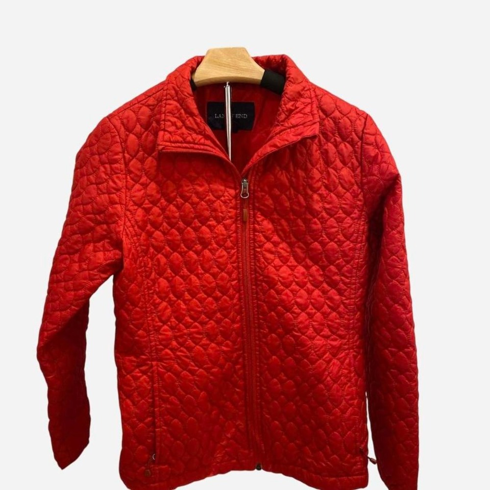 Lands End Quilted Puffer Jacket Red Full Zip Stand Collar Women's Size S